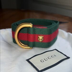 Gucci Green And Red Striped Belt with Gold Tiger Accent